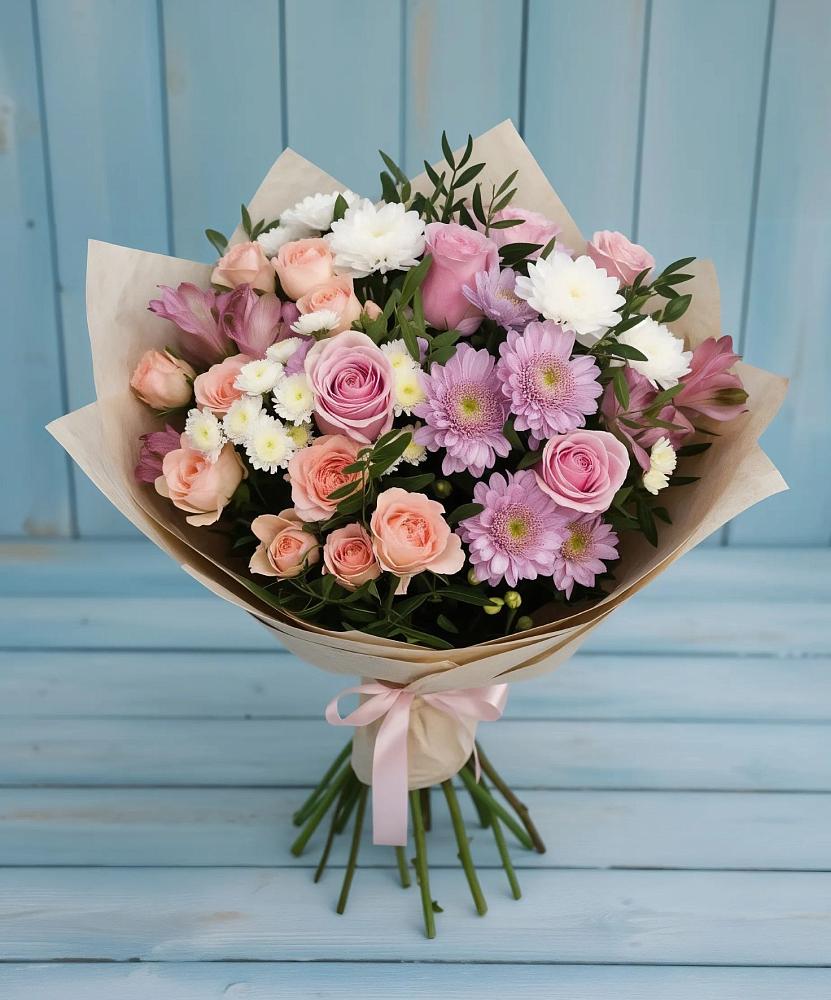 Букет цветов из: Хризантемы, Розы и Альстромерии в Григорово Новгородская область