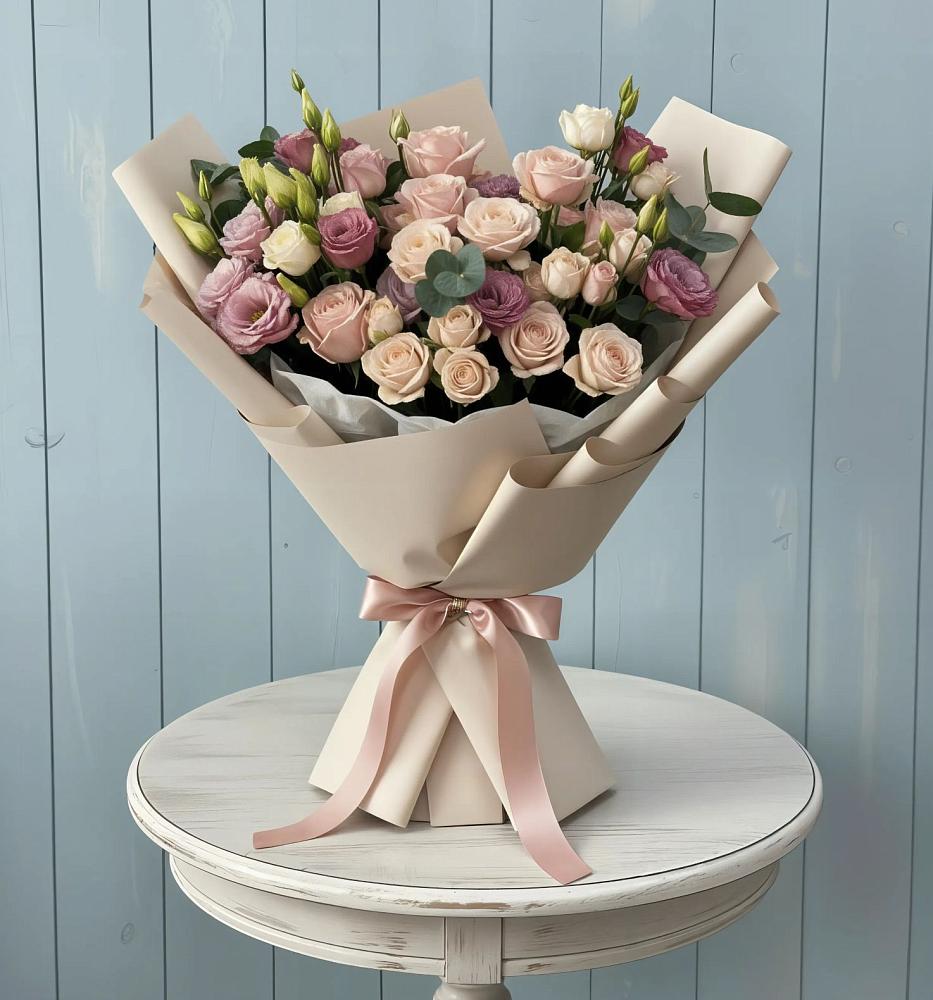 Букет цветов из: Розы и Лизиантусы в Григорово Новгородская область