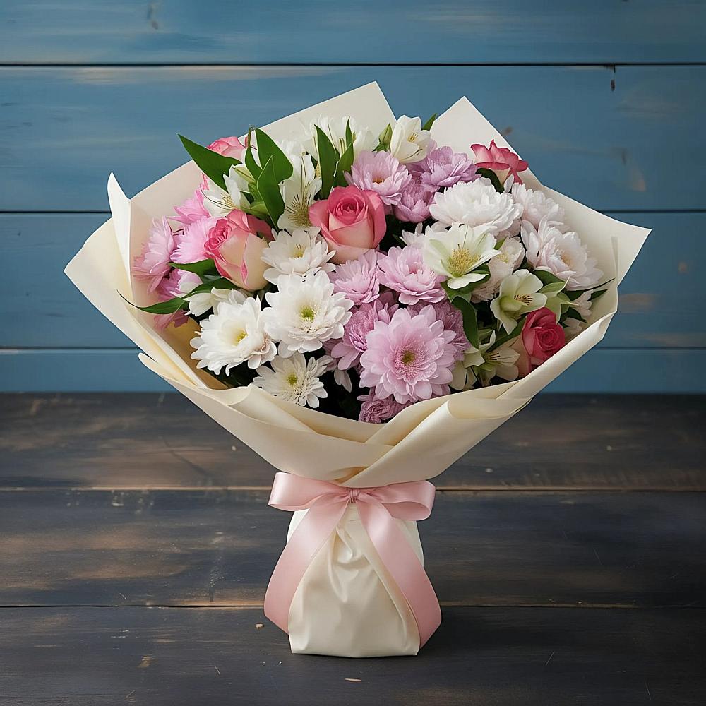 Букет цветов из: Хризантемы, Альстромерии и Розы в Григорово Новгородская область